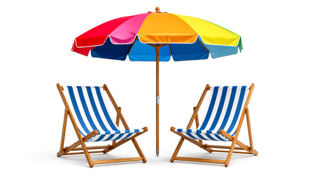 Two striped beach chairs and a colorful umbrella on white
