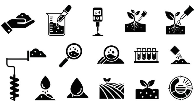Set of black vector icons representing professional soil testing laboratory research and agricultural science analysis methods