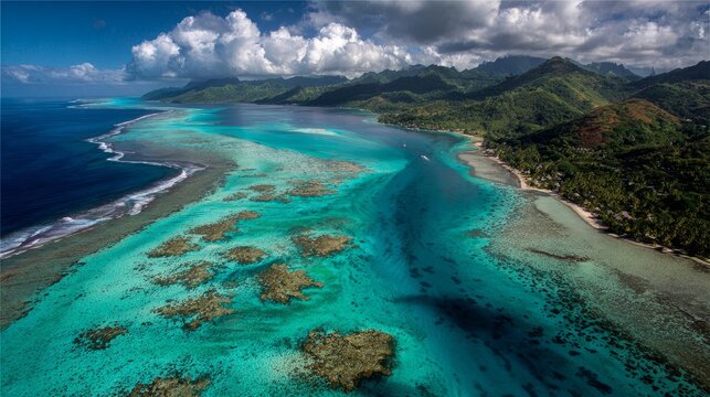 Aerial view of crystal clear turquoise lagoon and vibrant coral reef surrounding tropical islands in french polynesia under bright blue sky with pristine ocean waters