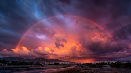 Fototapeta premium Beautiful evening sunset with vibrant rainbow across golden sky, dramatic clouds, peaceful nature landscape and scenic horizon panorama