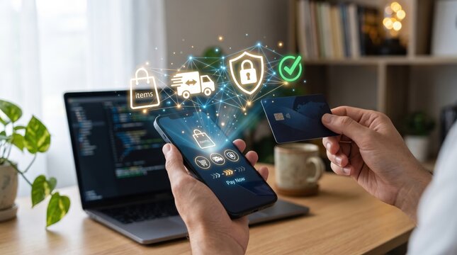 Person using smartphone for secure online shopping payment with credit card. E-commerce transaction, fintech app interface, digital wallet, contactless payment security