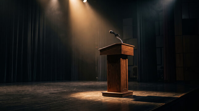 Wooden lectern with microphone on a dark stage under spotlight