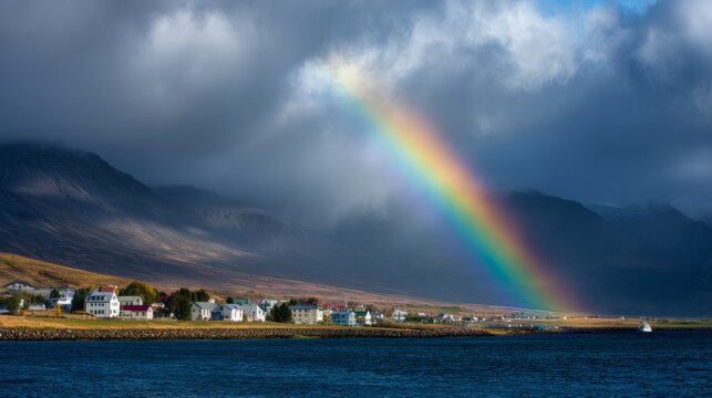 Beautiful summer landscape in iceland with colorful rainbow over blue sea, scenic hilltop village, dramatic clouds, distant mountains on the horizon, peaceful nordic nature panorama