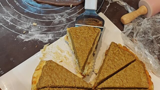 Mochi Wrapped Dubai Chocolate Basque Cheesecake.