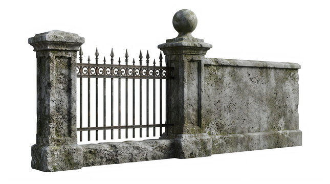 Old stone wall with iron fence. Vintage masonry barrier with metal railing isolated.