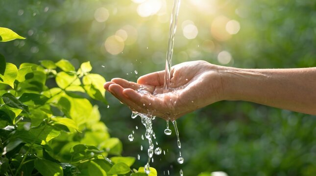 Clear fresh water pouring into cupped hands in sunny green garden symbolizing purity, hydration, conservation and natural resource sustainability concept
