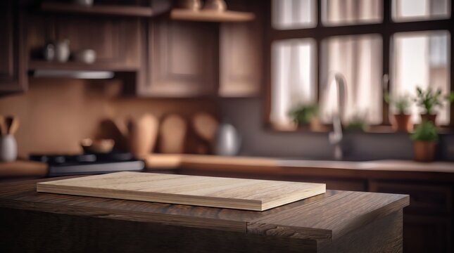 Empty wooden cutting board on dark kitchen counter, rustic home interior, product display mockup space, cozy domestic scene with cabinets and window, warm lighting atmosphere