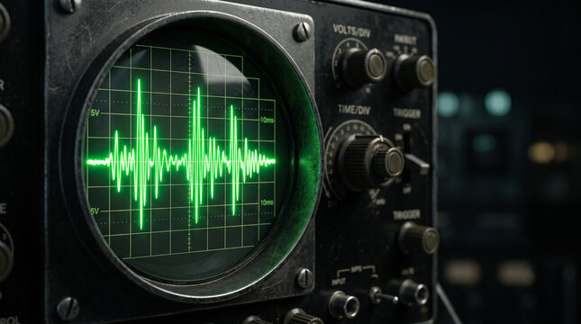 Close up of a vintage oscilloscope displaying a glowing green sound wave