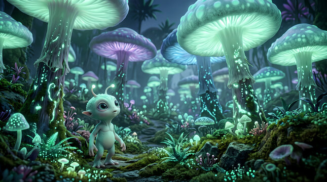 Pastel alien creature in a glowing bioluminescent mushroom forest