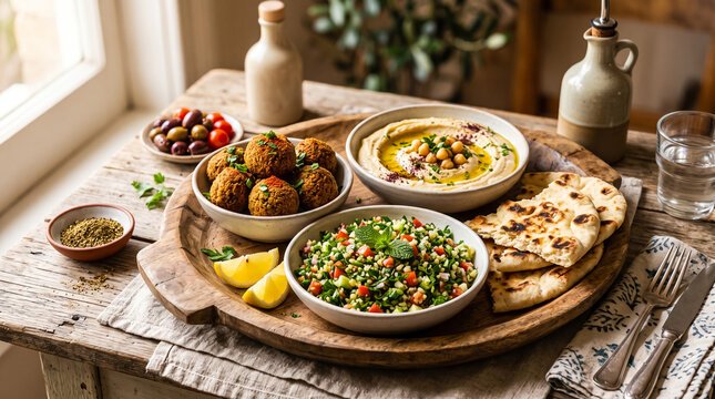 Middle Eastern Mezze Platter with Hummus Falafel and Tabbouleh