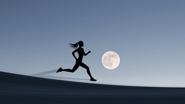 Silhouette runner leaping across sand dune beneath full moon