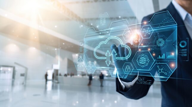 Businessman touching futuristic cloud computing interface, digital transformation technology concept, data storage and network security system