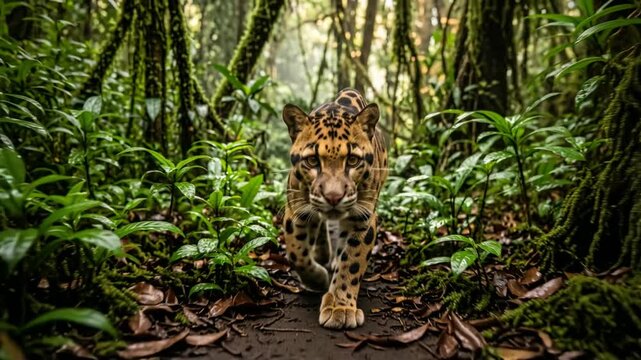 clouded leopard walking through borneo rainforest toward camera video