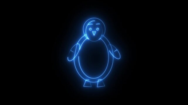Glowing blue neon penguin animal icon on black background