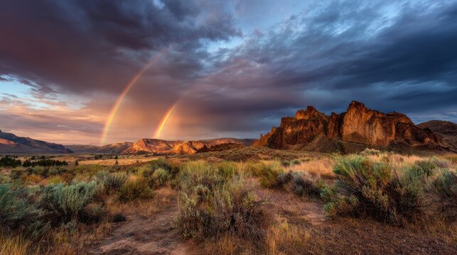 couple of hikers climbing rocky mountain trail with vibrant rainbow in the background, adventure trekking, scenic alpine landscape, outdoor exploration, nature travel, inspirational wilderness journey