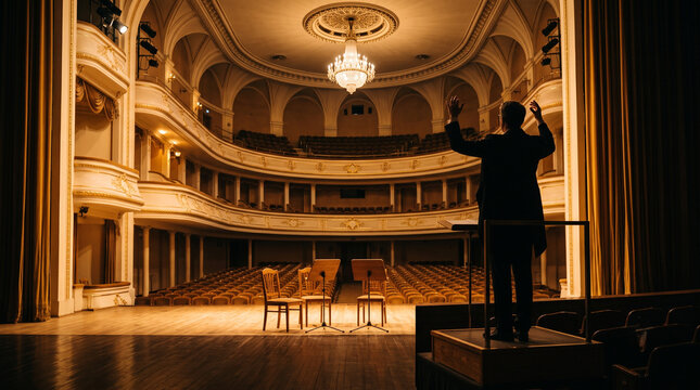 A conductor standing before an empty concert hall with empty chairs and music stands