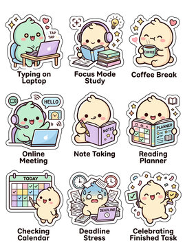 Kawaii character vector illustration set featuring various office productivity activities including studying, working on laptops, drinking coffee, managing stress, and celebrating success in cute colo