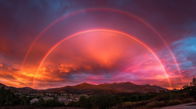 Vibrant rainbow arching across colorful sunset sky above rolling hills with dramatic clouds, golden evening light, scenic landscape, peaceful nature, atmospheric weather, and panoramic horizon