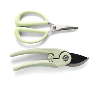 Gardening grey secateurs with scissors on white background