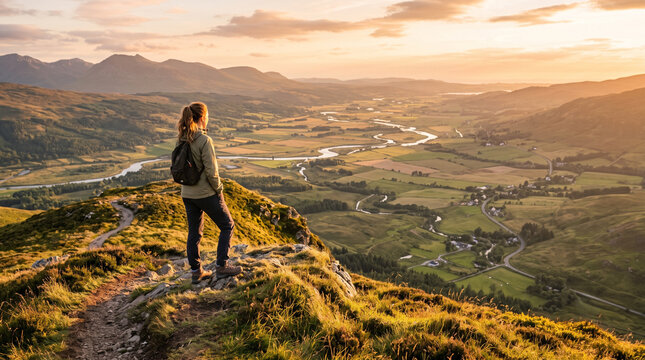 Woman hiker standing on a mountain peak looking at a winding river valley at sunset