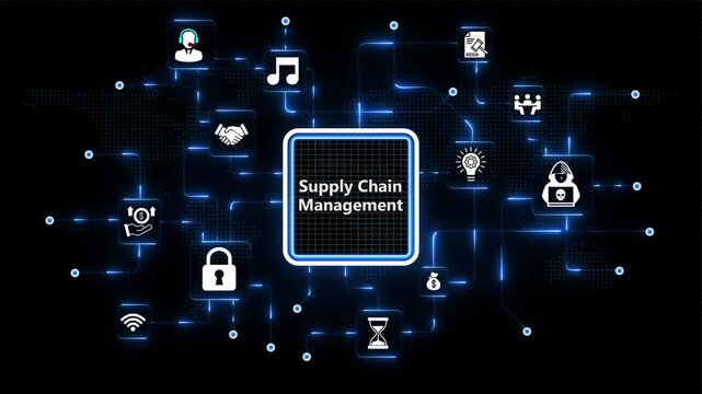 Supply Chain Management visual framework with looping digital line network of glowing data points and corporate symbols set on black backdrop.