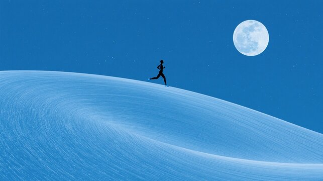Silhouette runner crossing a snowy dune beneath a full moon