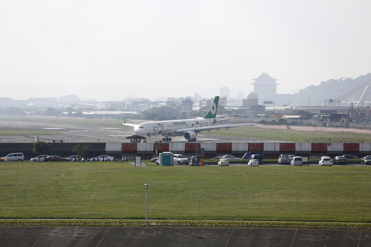 An EVA Air Hello Kitty Jet Taxis in Taipei.