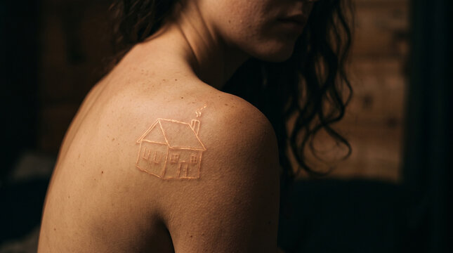 Glowing House Shape on Woman's Bare Shoulder