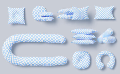 Blue pillows 3d set with white polka dot pattern. Pregnancy U shape body, travel neck, round, square, rectangular, bolster and stacked cushions. Home textiles, bedding for boys room