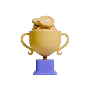 3D render of a victory trophy cup full of coins for a business award and achievement icon