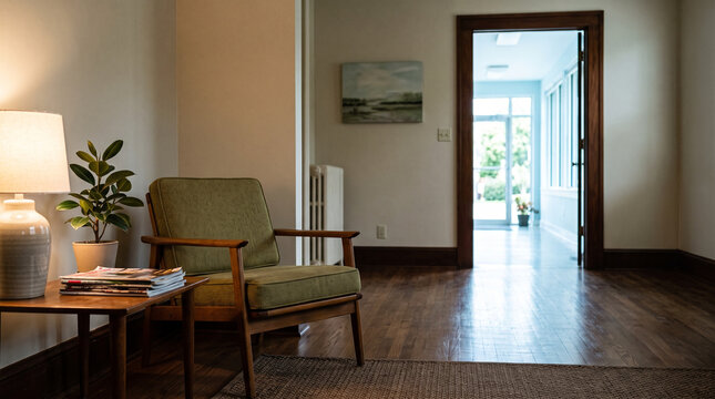 Empty Waiting Room with Retro Green Chair and Open Doorway