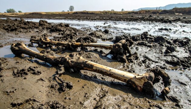 Animal bones discovered in mud and murky water, implying a fossilized or archaeological find in a desolate outdoor environment.