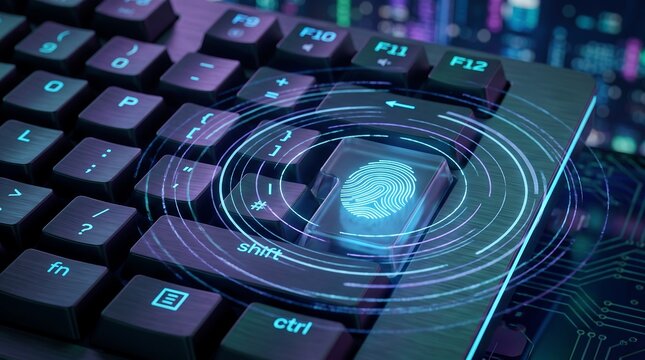Close up of a computer keyboard with a glowing blue fingerprint on the enter key, surrounded by circular data scanning rings and light