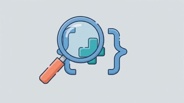 Animated code brackets symbol examined and zoomed by a magnifying glass