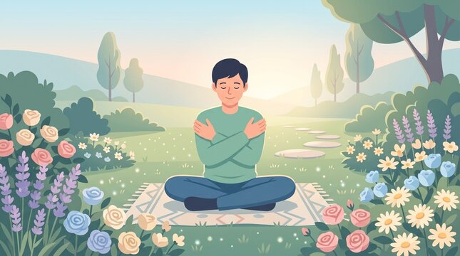 Flat vector illustration of a man meditating and practicing self compassion in a lush flowery garden