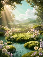 Fototapeta premium Enchanted Garden with Mossy Rocks and Blooming Flowers Under Sun Rays in a Peaceful Mountain Valley