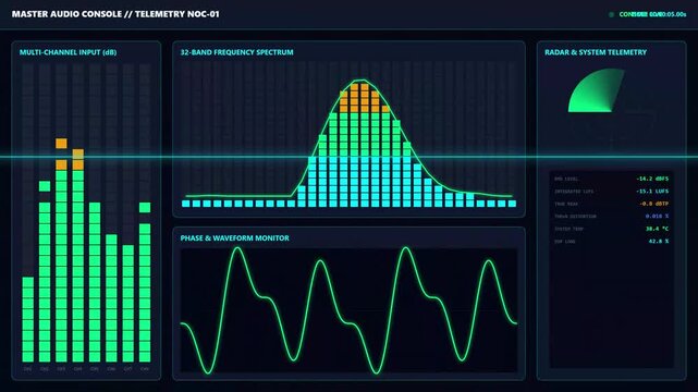 Digital equalizer display with rhythmic frequency bars and charts