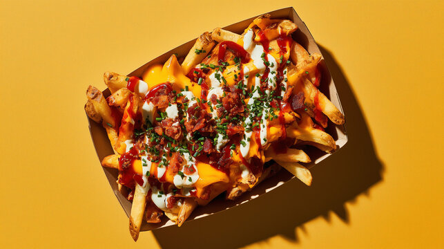 Loaded fries with melted cheese and bacon, overhead flat lay with copy space &mdash; perfect for fast food menus, bar snack branding, and comfort food marketing