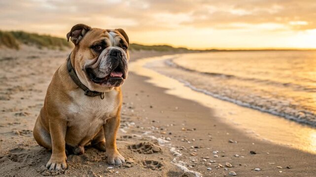 bulldog close up at golden light on venice beach california video