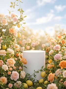 Empty White Cylinder Podium in a Sunlit Garden Surrounded by Blooming Pink Roses and Fresh Lemons