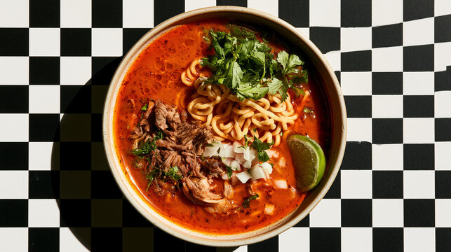 Japanese ramen bowl with soft-boiled egg and chashu pork, overhead flat lay with copy space &mdash; perfect for restaurant menus, Asian cuisine branding, and food blog content