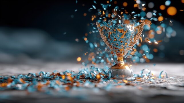 A dazzling trophy sits on a textured surface, showered with a cascade of shimmering confetti and streamers. ..Created with Generative AI, not depicting real subjects.