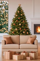 Obraz premium Decorated Christmas tree glowing with warm fairy lights beside sofa and gift boxes