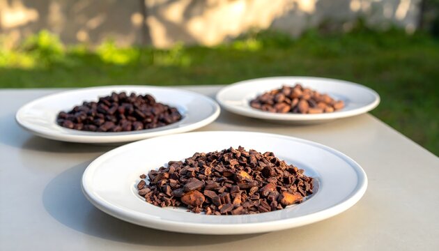 Tres platos con granos de caf&eacute; tostados de diferentes intensidades sobre una mesa al aire libre