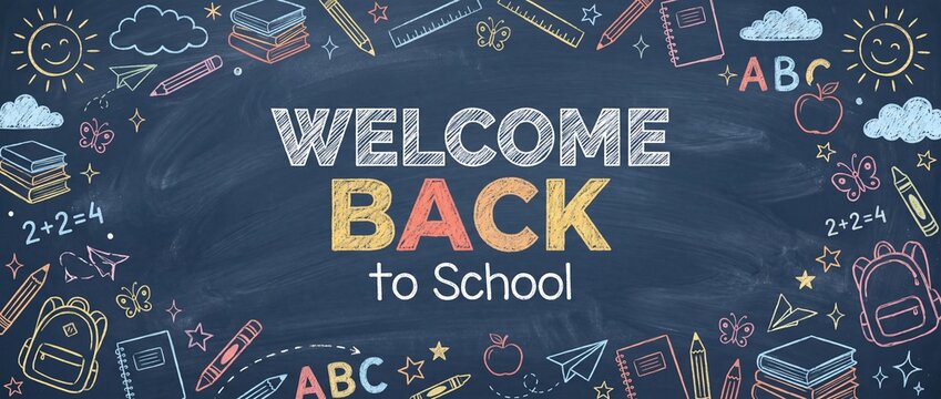 Welcome back to school handwritten chalk lettering on dark blackboard surface decorated with educational doodles and supplies for student orientation and classroom signage.