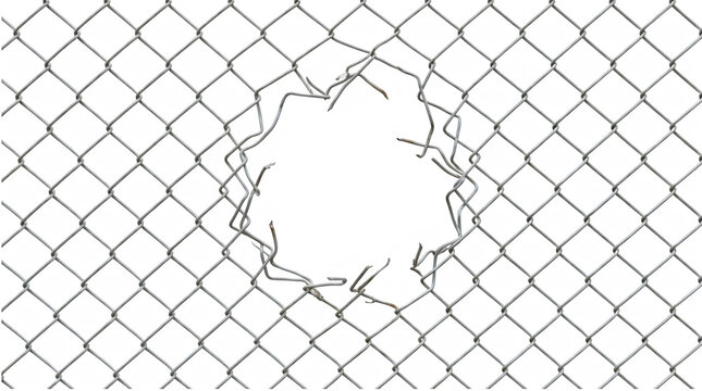 Hole in a chain link fence. Damaged metal wire mesh barrier with a large gap.
