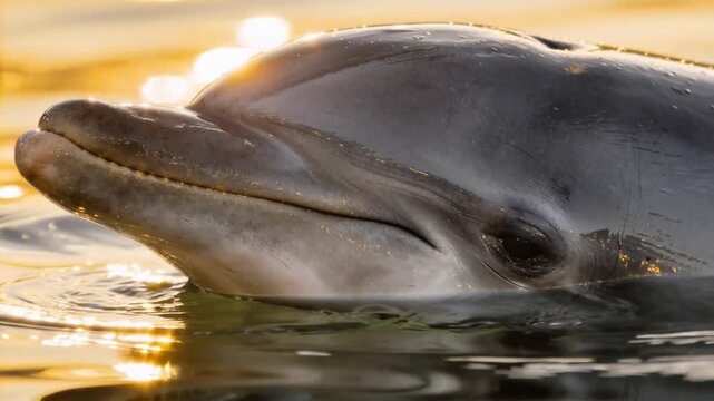 bottlenose dolphin head floating in bahamas ocean golden light beach close up video