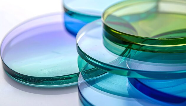 Placas de Petri transparentes apiladas en tonos azul y verde sobre fondo blanco en una composici&oacute;n de laboratorio
