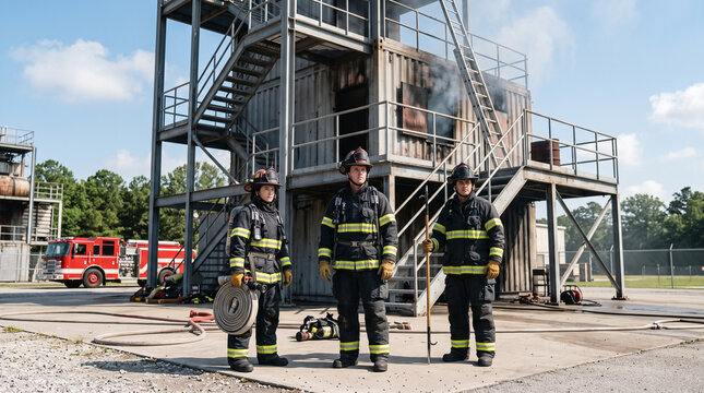 Three male firefighters in protective gear stand confidently at a training facility with smoke rising from a simulator behind them.