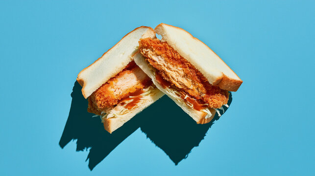 Japanese crispy chicken katsu sando sandwich, overhead flat lay with copy space &mdash; perfect for cafe menus, Japanese food branding, and viral trend marketing